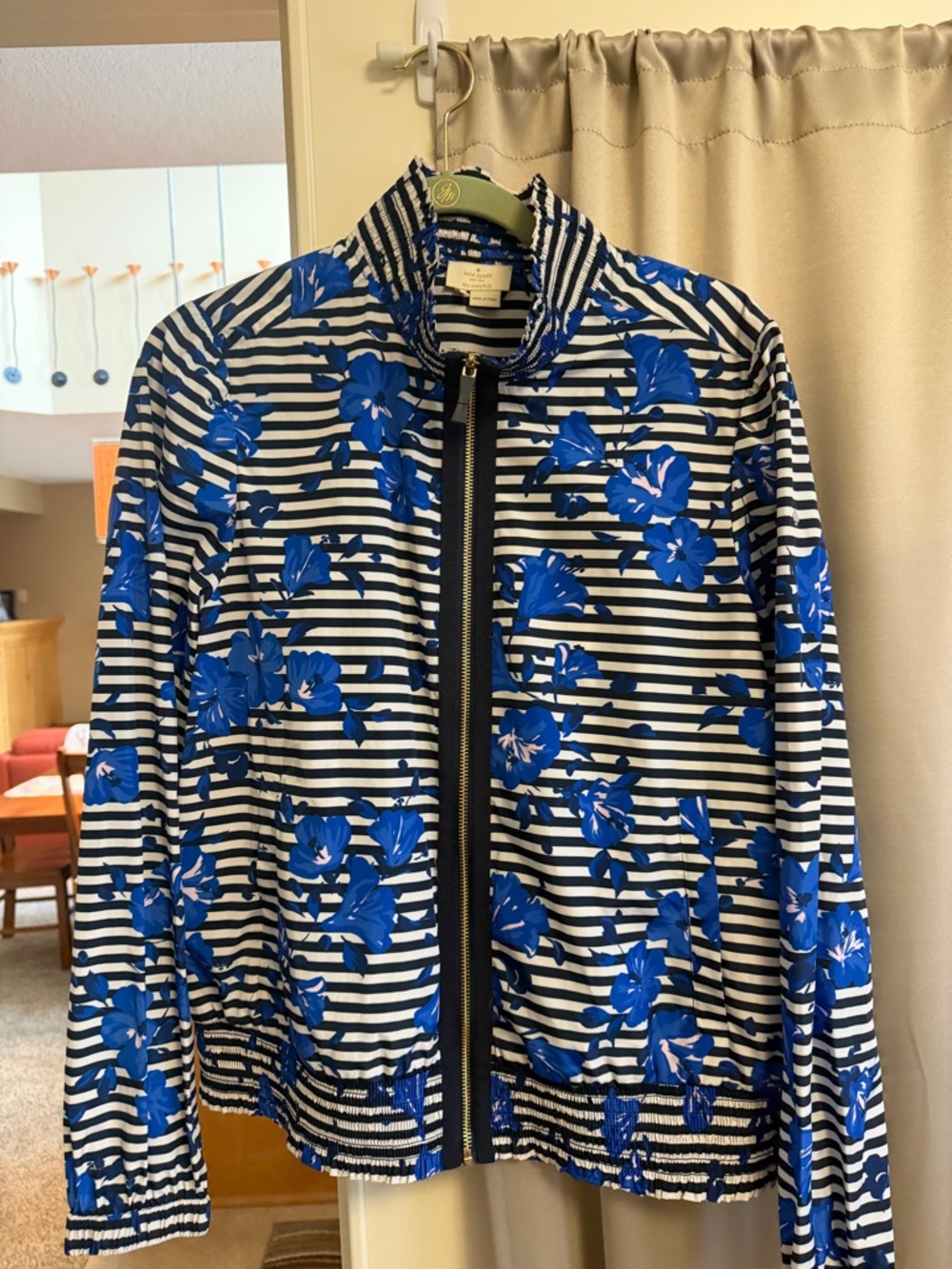 kate spade Blue and White Floral-Stripe Zip Jacket